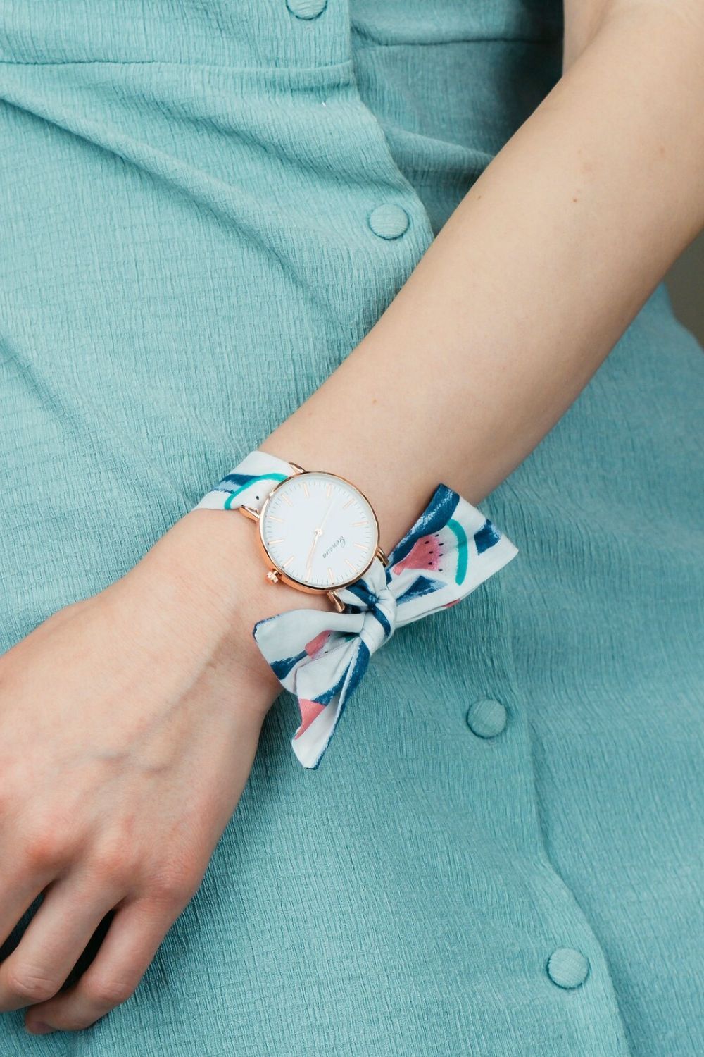 The Colourful Aura Blue Watermelon Print Changeable Cotton Tie Knot Strap Geneva Boho Wristwatch
