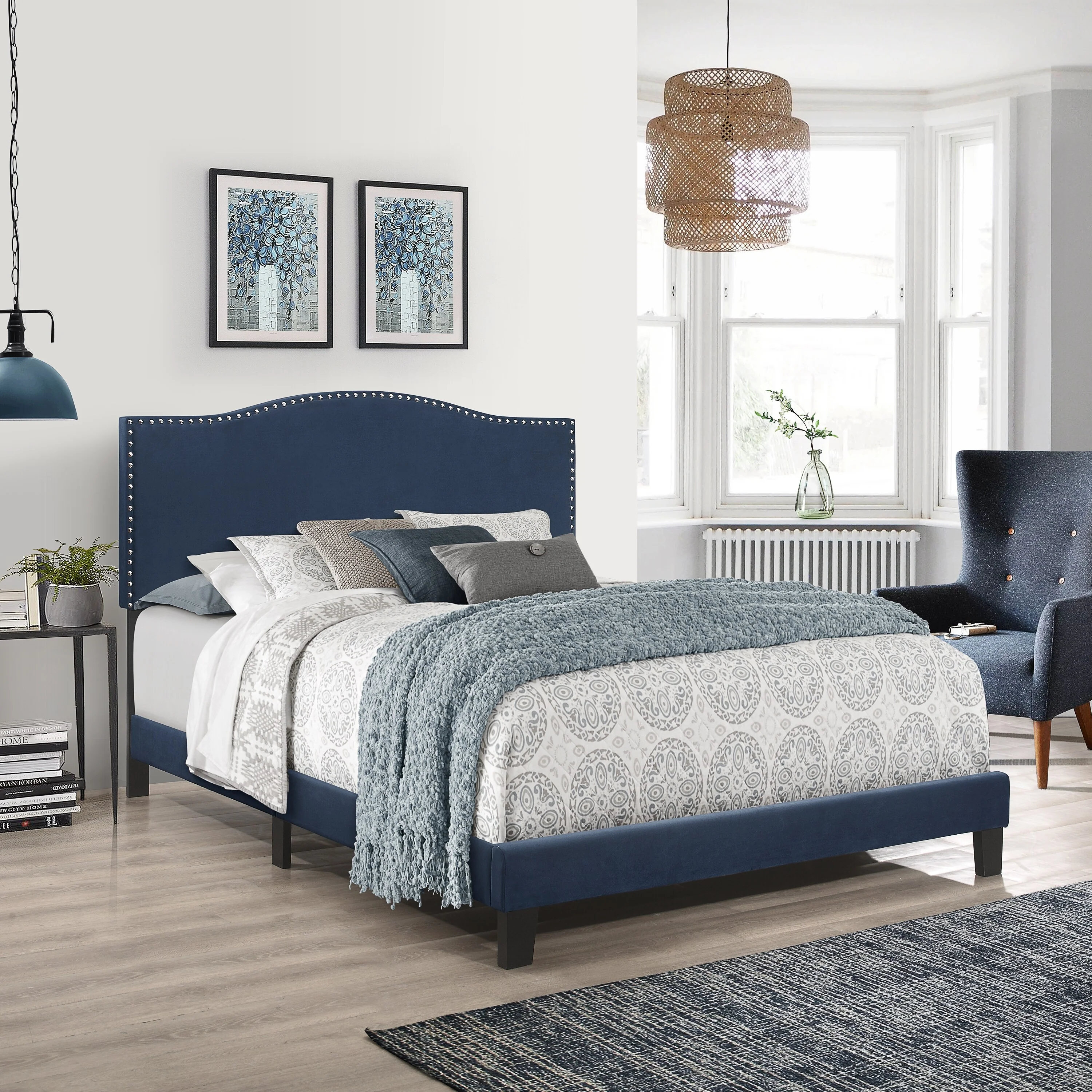 Porch & Den Olney Blue Velvet Upholstered Bed