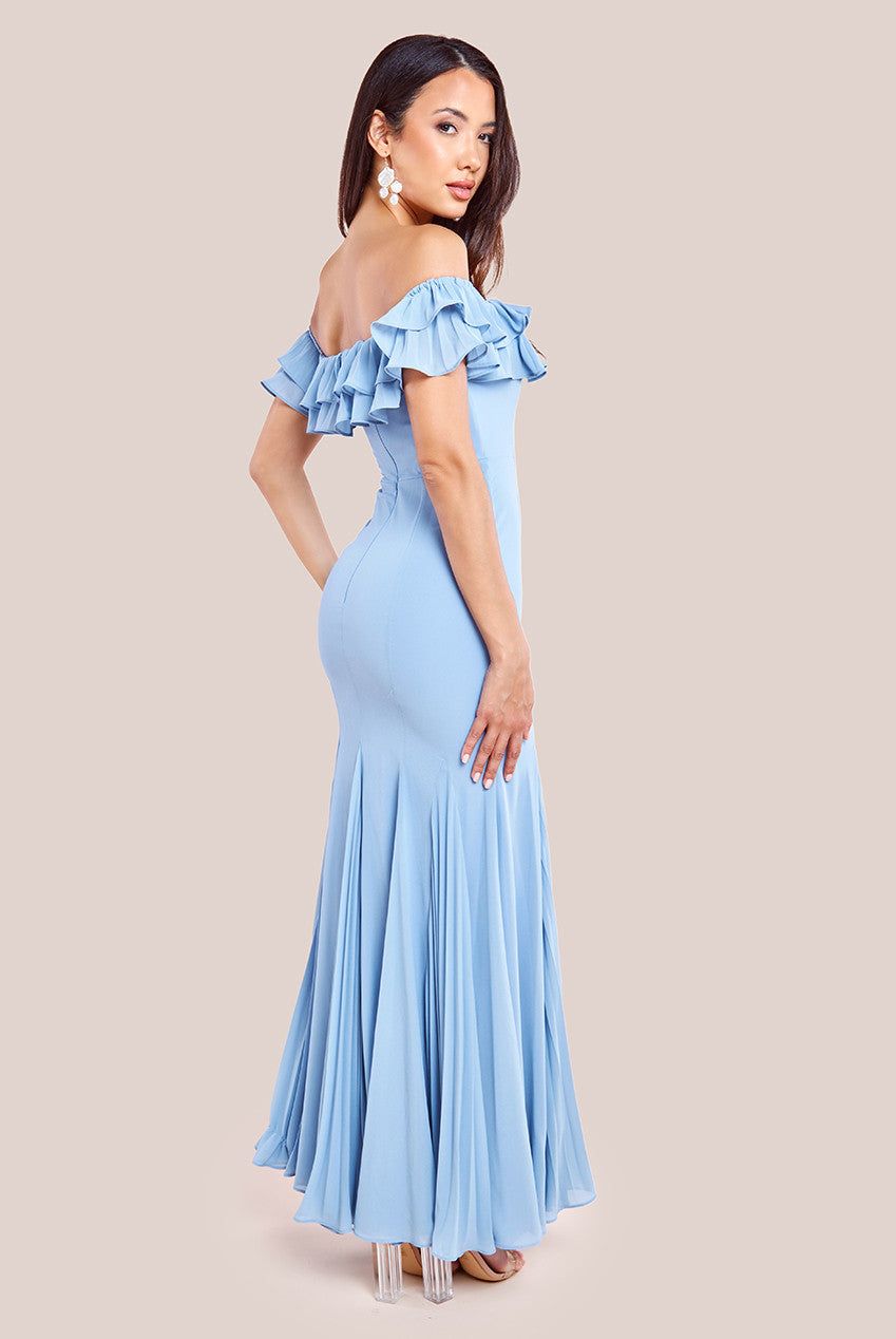 Goddiva Frilled Off The Shoulder Pleated Chiffon Maxi Dress