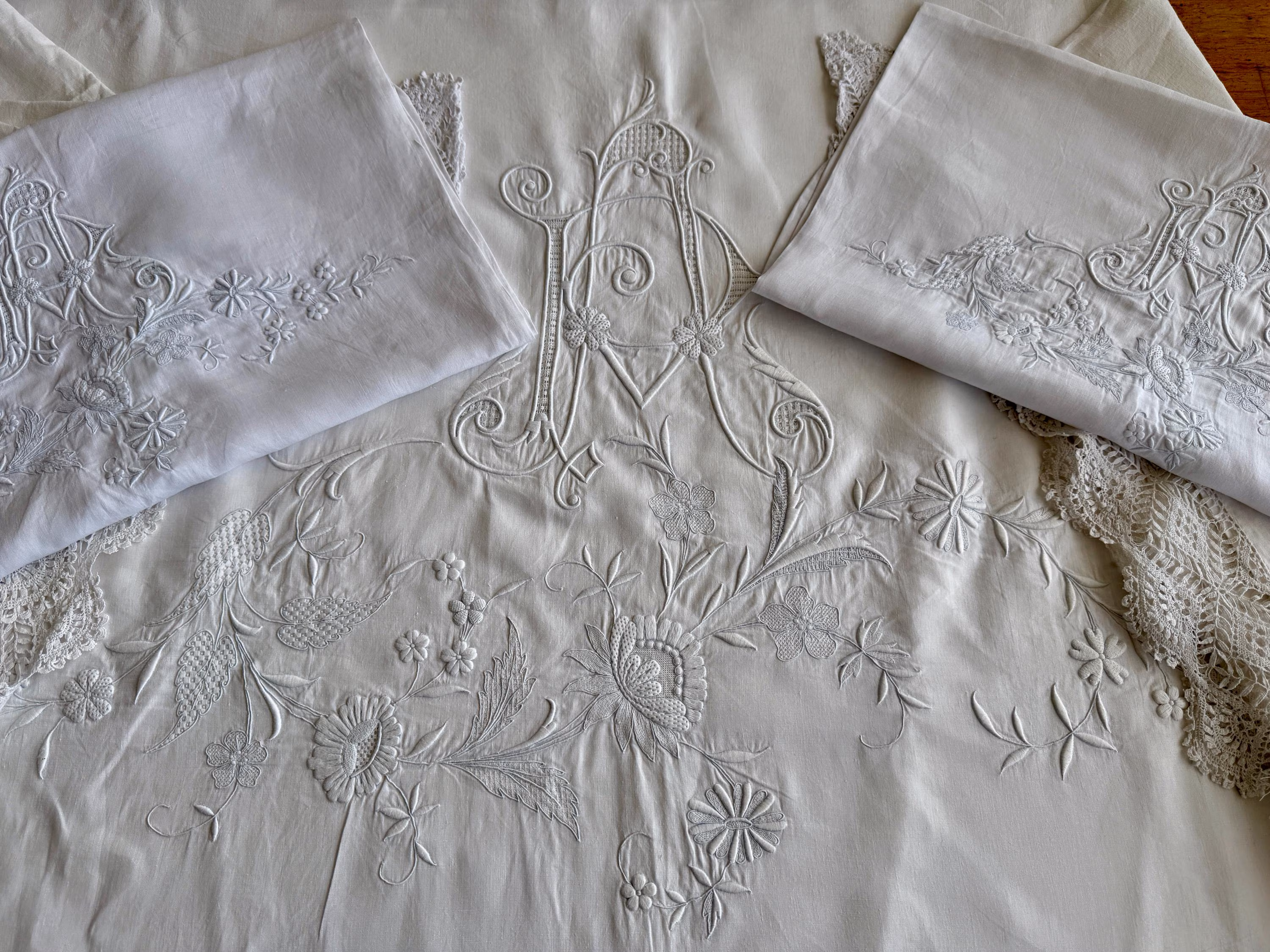 C1920s Antique Spanish Hand Embroidered Bedding Set