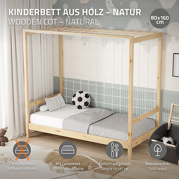 Lit d'enfant ML-Design 80x160 cm naturel beige bois de pin avec but de football et sommier à lattes