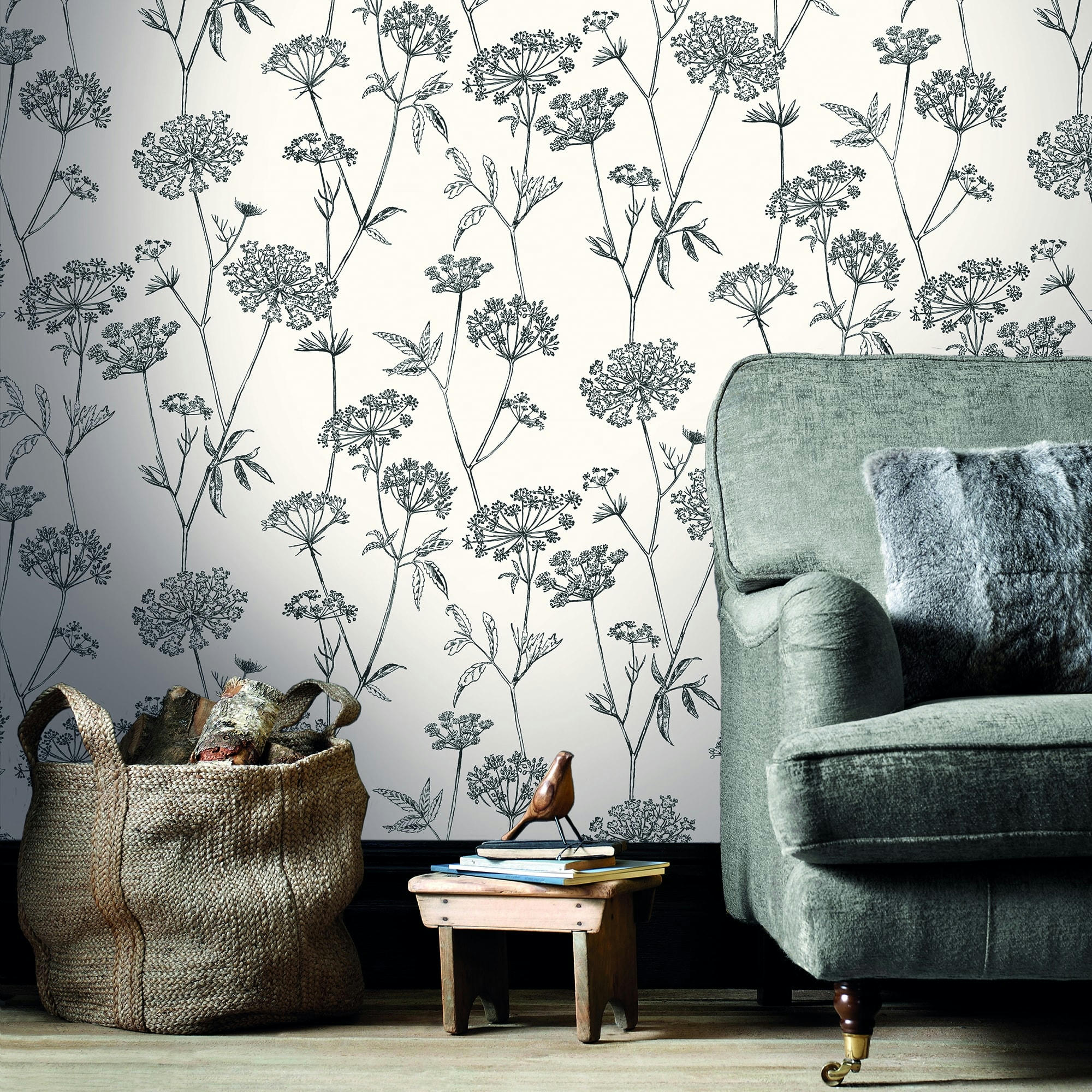 - Papier peint intissé fleuri gravure noir écru 1000x53cm