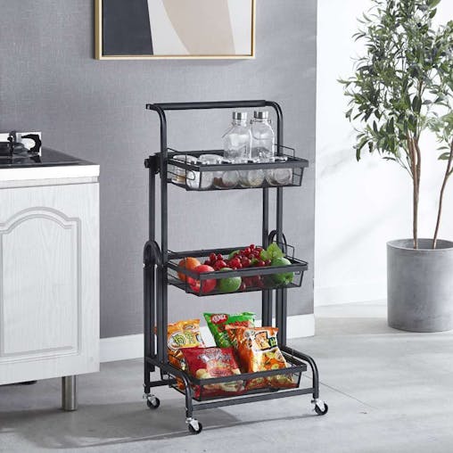 SOGA 3 Tier Steel Black Adjustable Kitchen Cart Multi-Functional Shelves Storage Organizer with Wheels