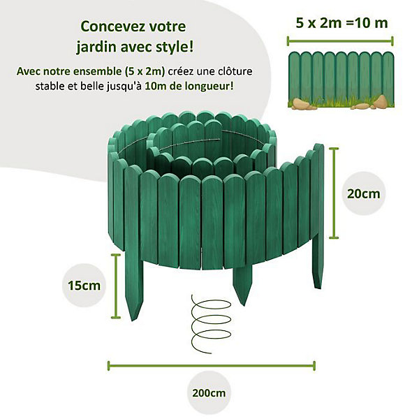 Clôture en bois flexible - Floranica - Bordure jardin - 10 m - Verte - Modulable