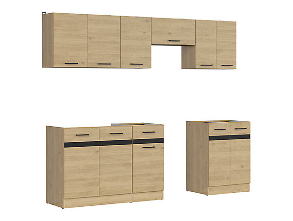 Cuisine complète 240 cm,Ensemble de meuble de cuisine coloris Blanc/Chêne berstein, plan de travail non inclus