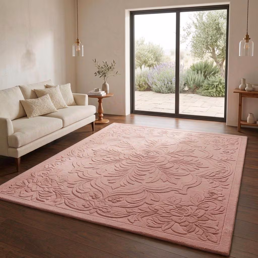 Handmade Dusty Pink Tufted Floral Rug, Sculpted Botanical Wool Area Rug, Carved Flower Carpet, Blush Pink Living Room Rug, Custom Size