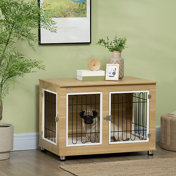 Cage pour chien sur pied - 2 portes verrouillables, coussin déhoussable inclus - acier filaire noir panneaux aspect bois clair