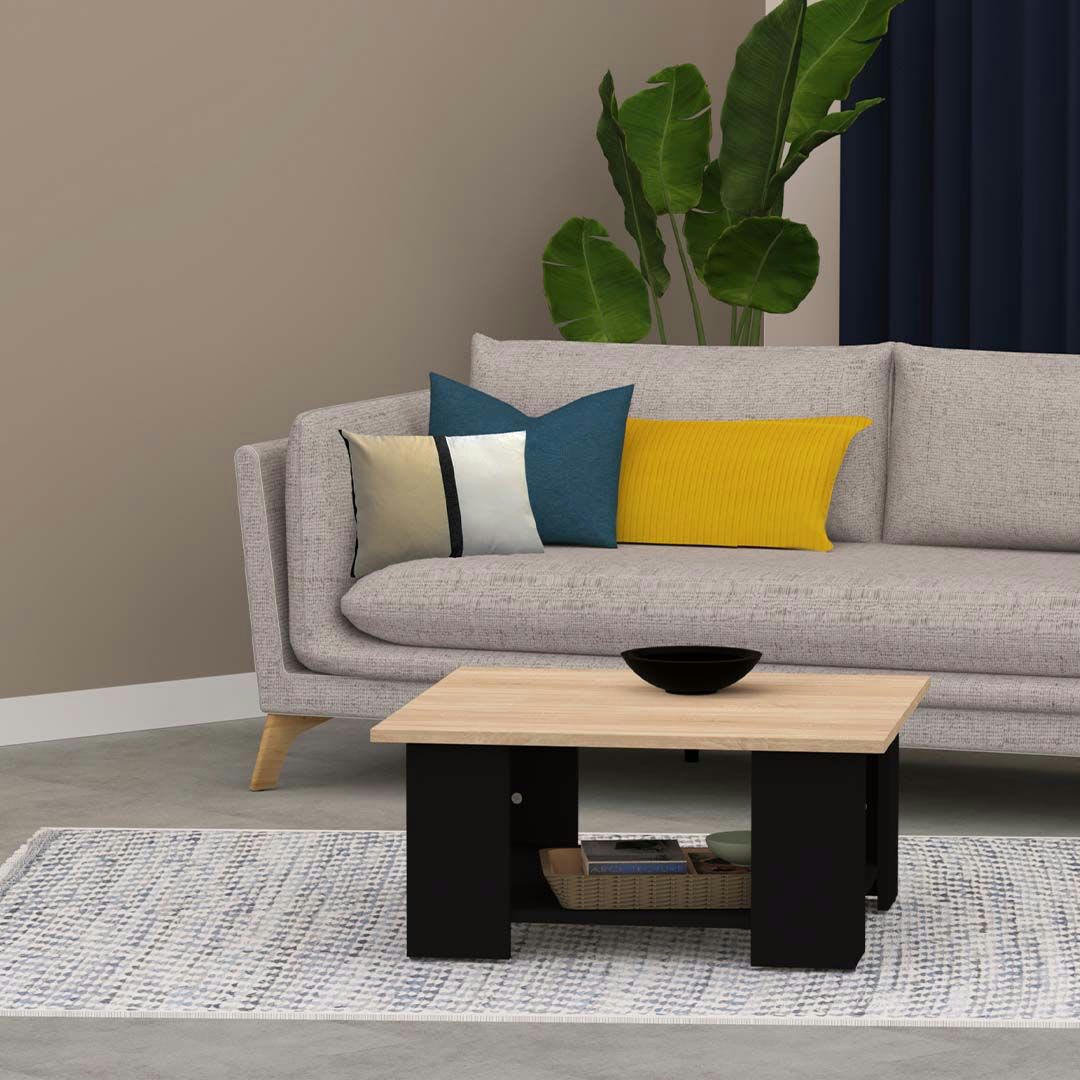 SQUARE - Table basse effet bois chêne naturel et noir