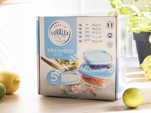 Kpl. 5 pojemników kwadratowych z pokrywkami Duralex - Freshbox 11.DX.FRK.50089
