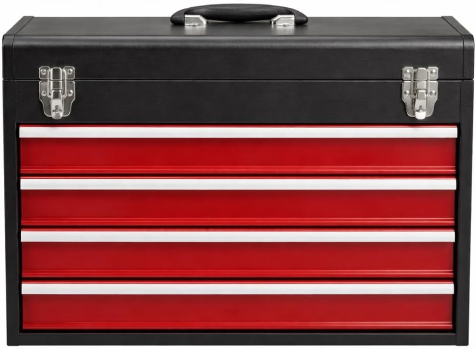 4-Drawer Tool Box with Drawers - Portable Metal Tool Box for Mechanics - Heavy Duty Steel Tool Chest with Locking Latches and Top Storage Compartment, Red/Black
