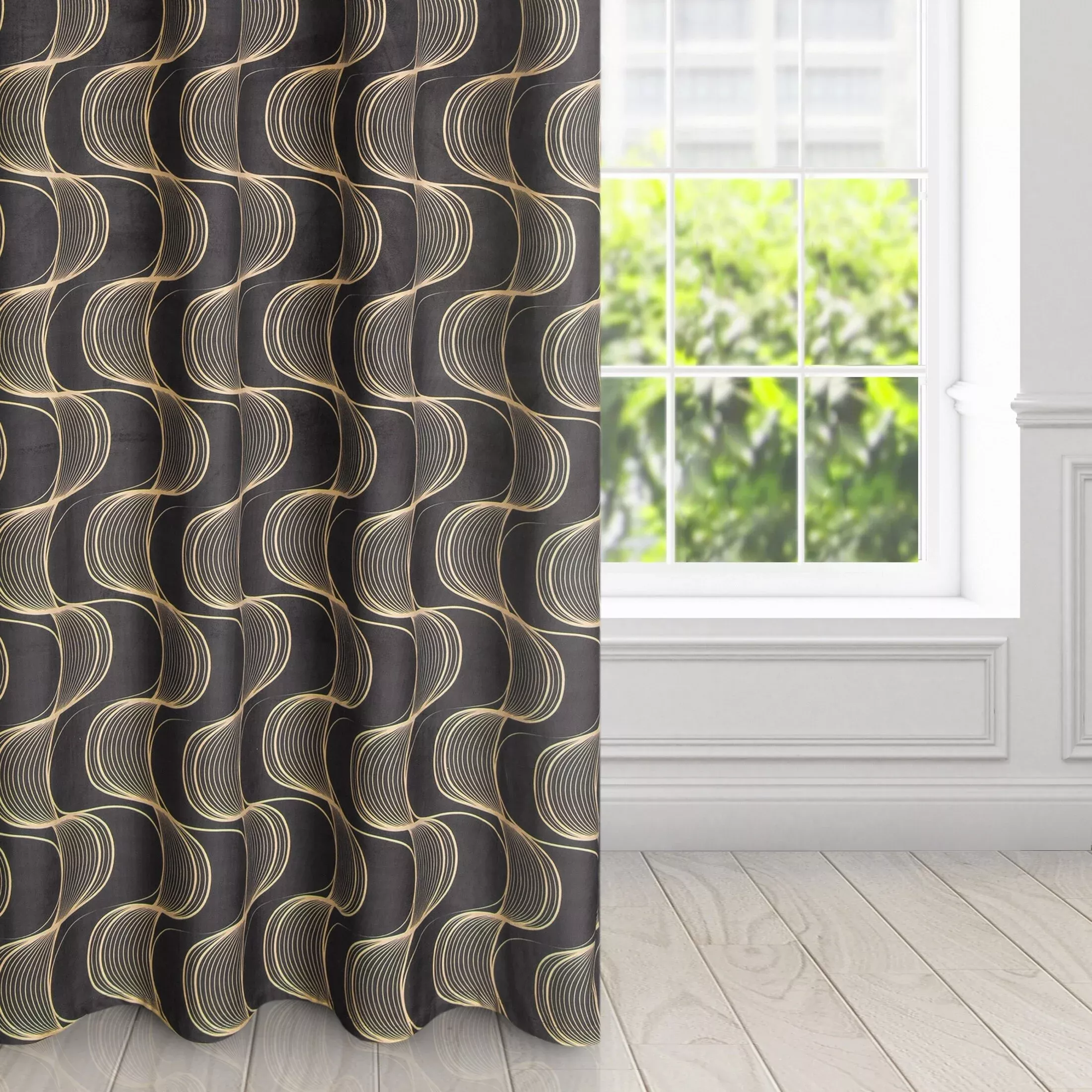 Zasłona czarno, beżowa z wzorem pionowych fal, z welwetu 140x250 cm przelotka - POLA
