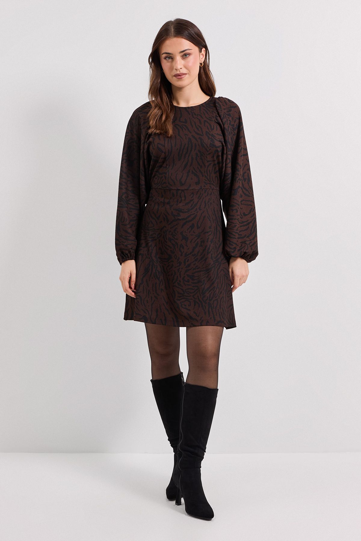 Dorothy Perkins Brown Animal Blouson Sleeve Printed Jersey Mini Dress