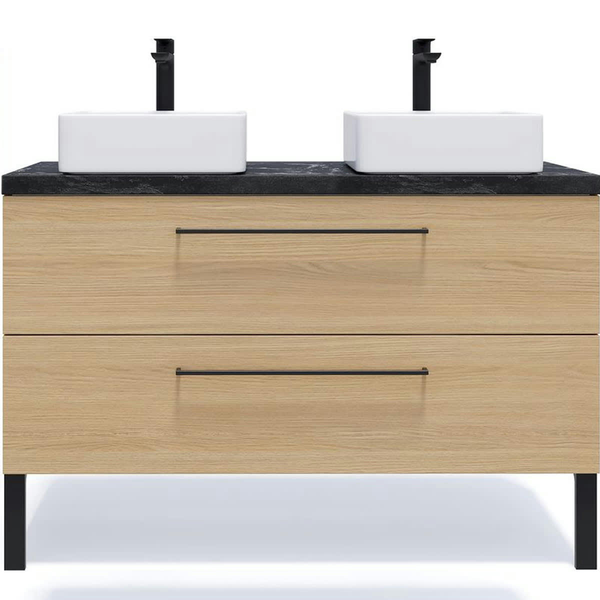 GLASGOW - Meuble salle de bain 2 vasques posées 120cm 2 tiroirs Chêne