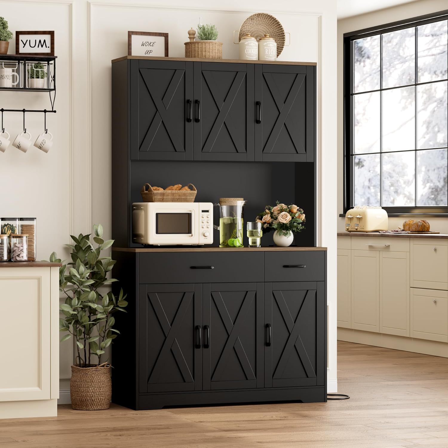 HOSTACK 71 Pantry Cabinet with Charging Station, Tall Kitchen Pantry Storage Cabinet with Microwave Stand, Farmhouse Kitchen Hutch with Storage Drawers for Living Room, Dining Room, Black
