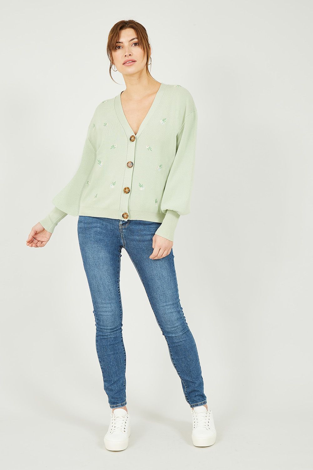 Yumi Soft Green Knitted Embroidered Daisy Cardigan