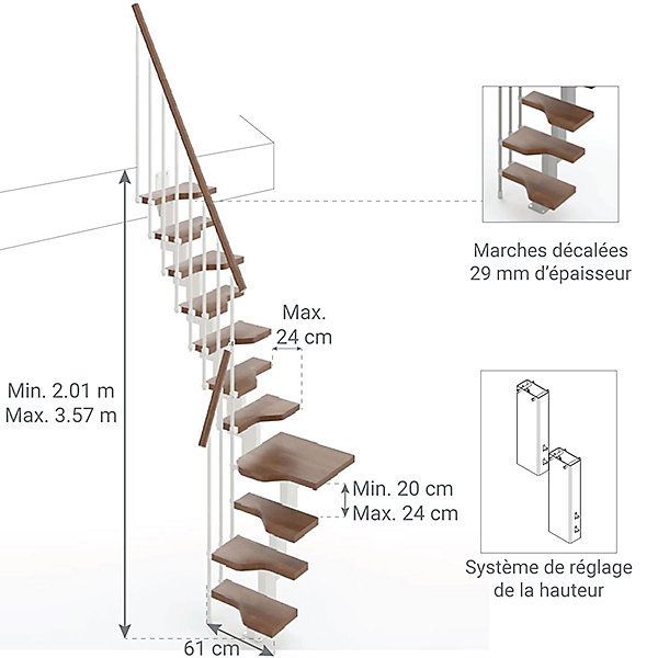 Escalier 1 quart tournant 13 marches - Hauteur à franchir de 2.81 à 3.33m - Largeur 61cm - Couleur noyer et gris -