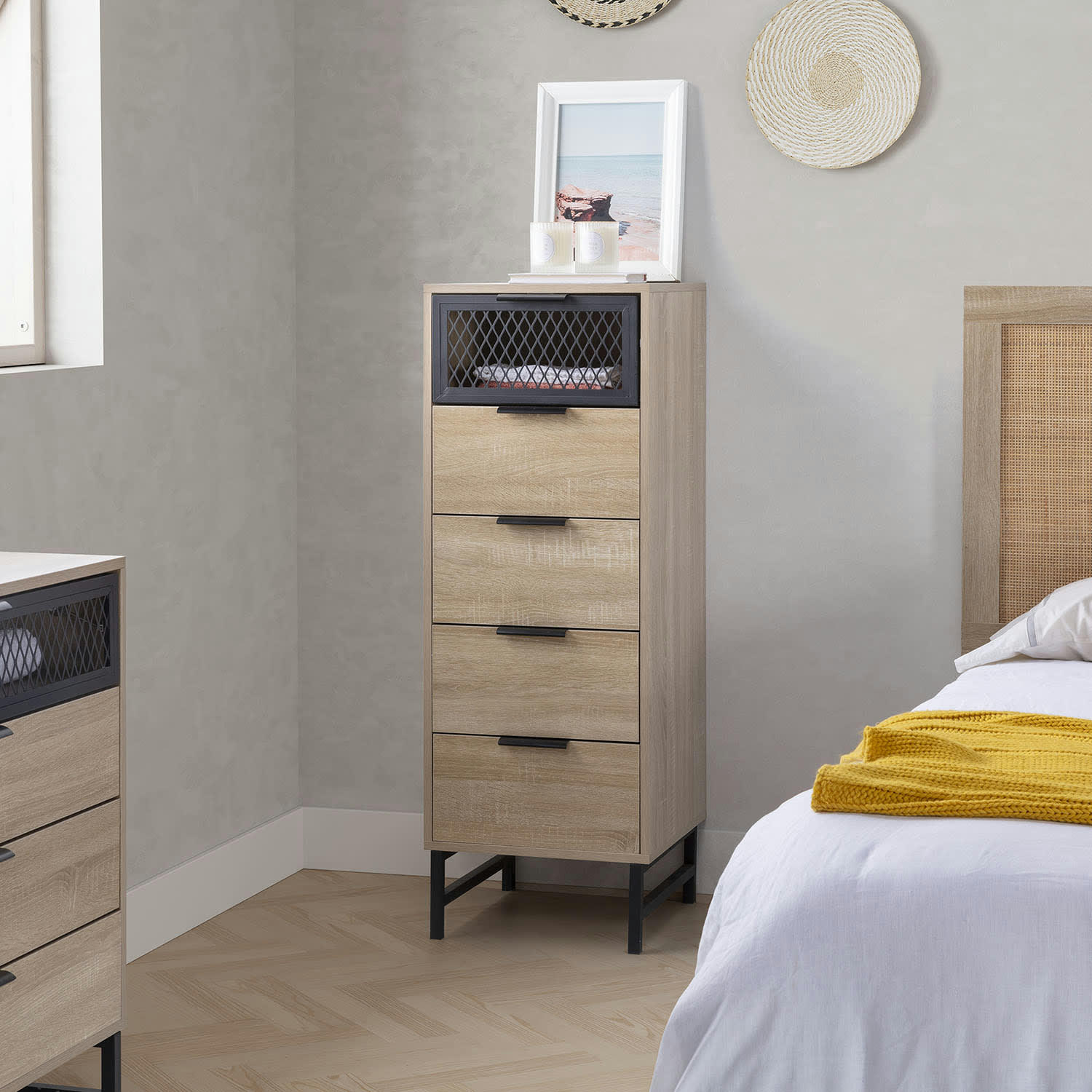 HERA - Commode haute 4 tiroirs 1 porte coloris bois