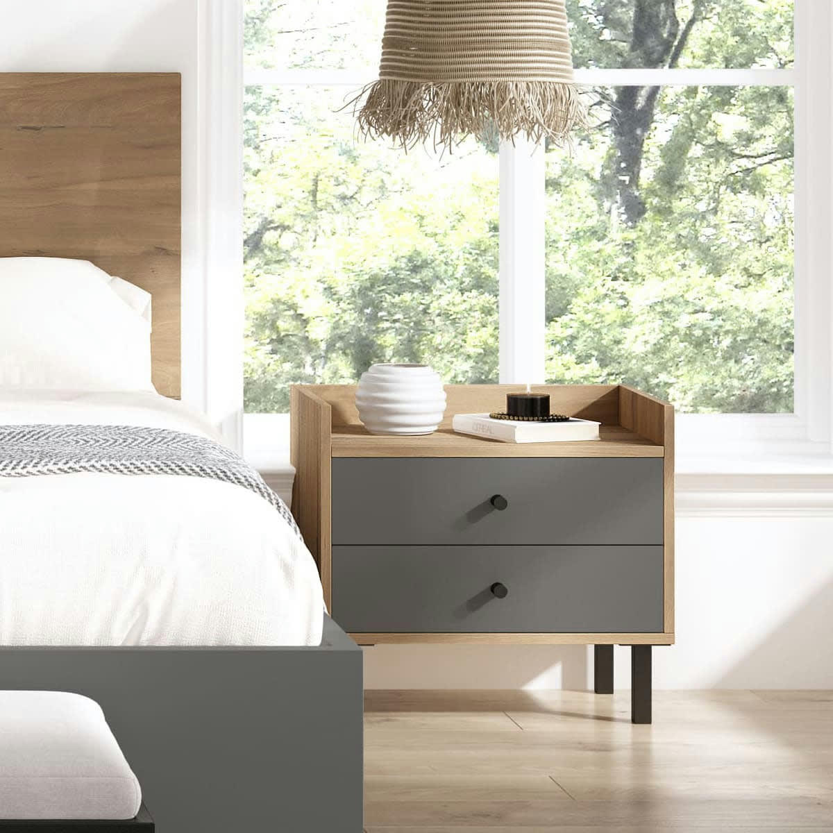 AURELIA - Table de chevet 2 tiroirs gris anthracite et effet bois 53 cm