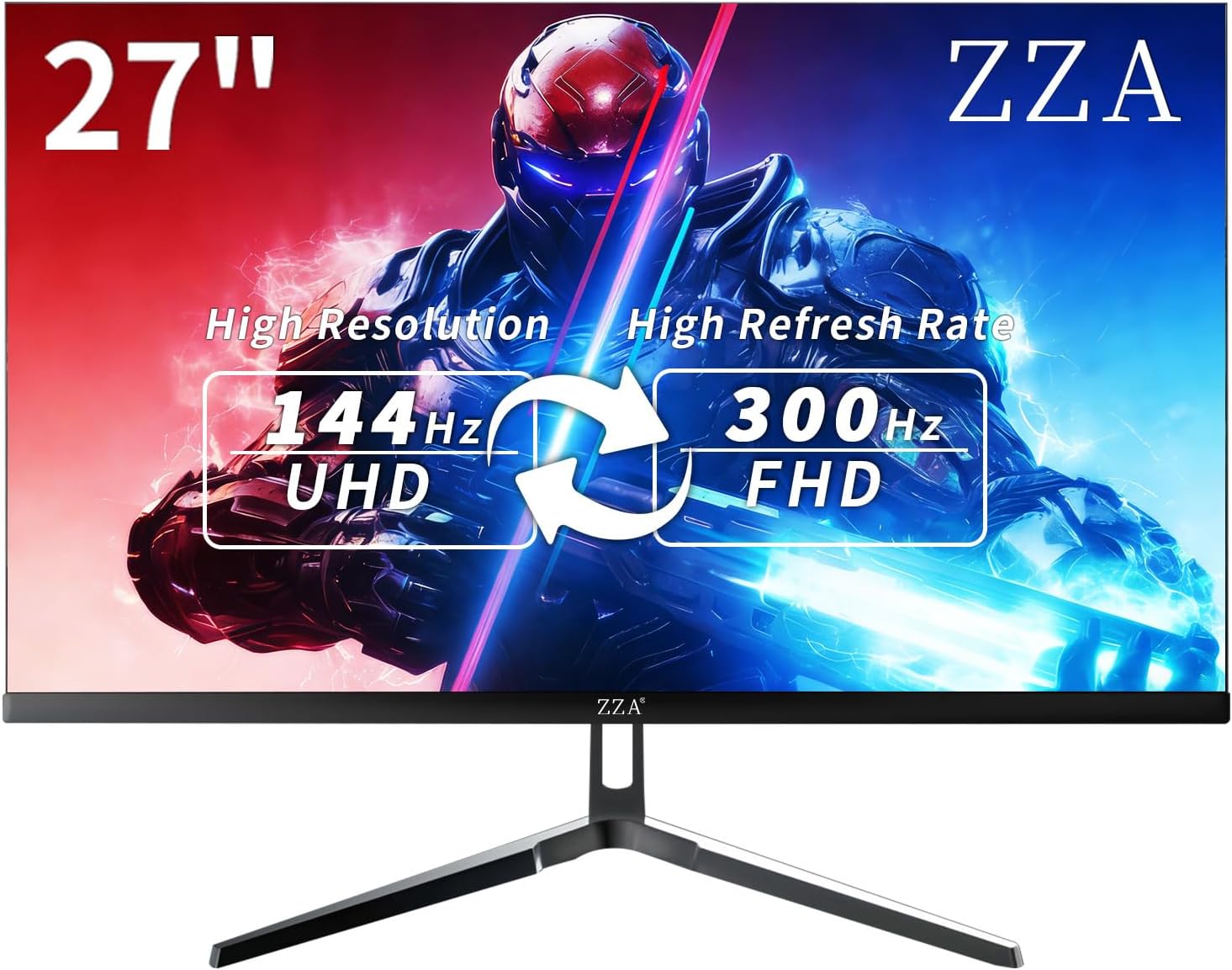 ZZA 27 Inch 4K Gaming Monitor Dual Mode UHD(3840x2160) 144Hz & FHD（1920 * 1080） 300Hz  Adaptive Sync HDMI 2.1 & DP 1.4  Tilt Adjustment PC Monitor  VESA  Black