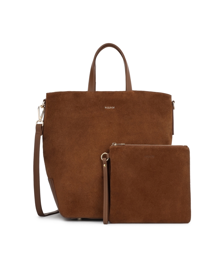 Large suede handbag in brown color