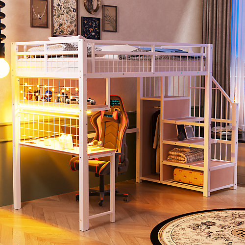 Lit mezzanine en métal 90x200 cm avec LED - prise de recharge - échelle de rangement - étagères et bureau - blanc (sans matelas)