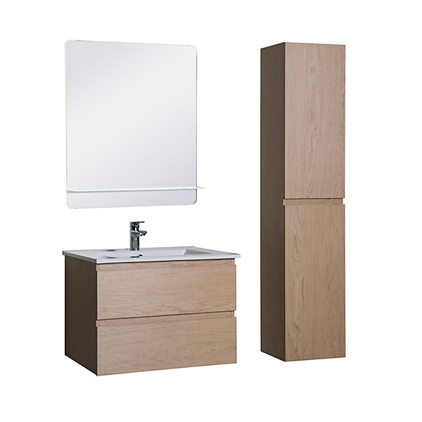 Meuble simple vasque 60cm avec vasque, miroir et colonne SORRENTO Décor chêne