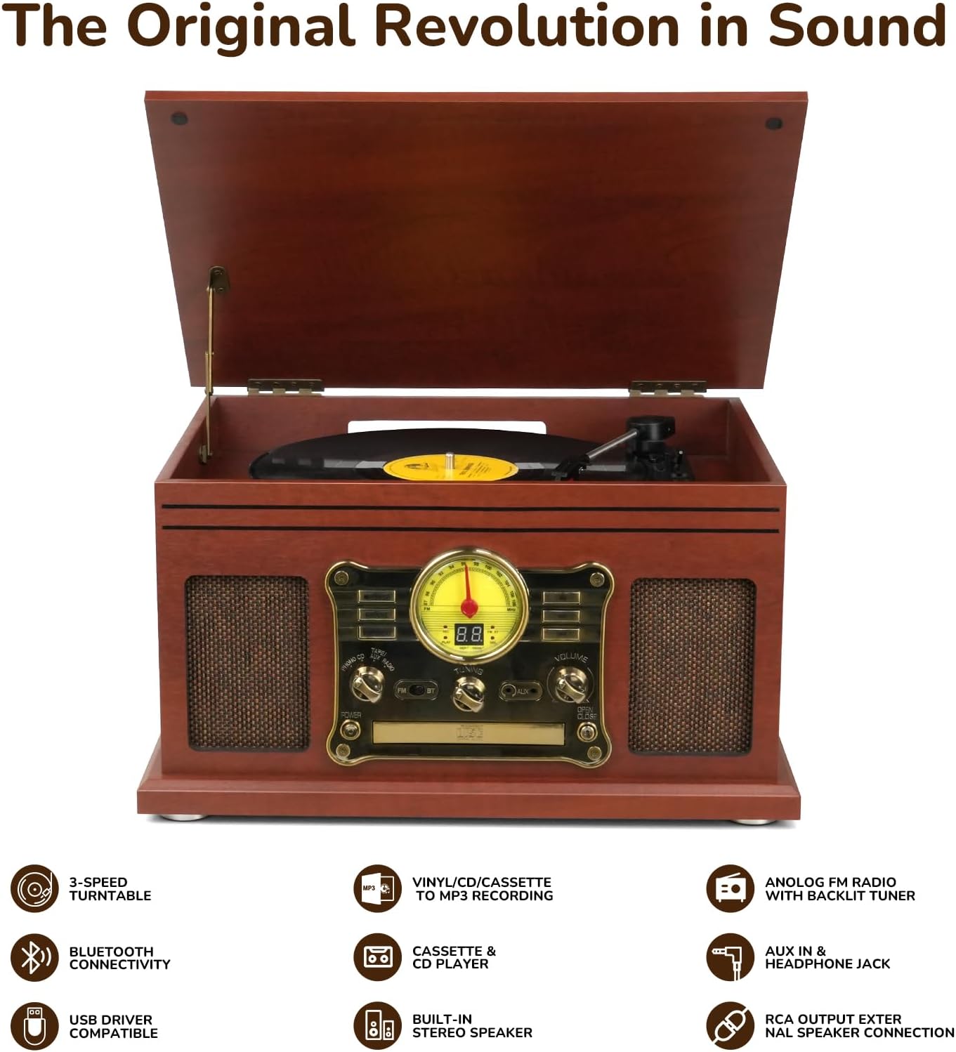 FEKTIK Bluetooth Record Player 10 in 1, 3-Speed Turntable for Vinyl with Speakers, LP to MP3 Converter, CD, Cassette Player, FM Radio, Wireless Streaming | Mahogany