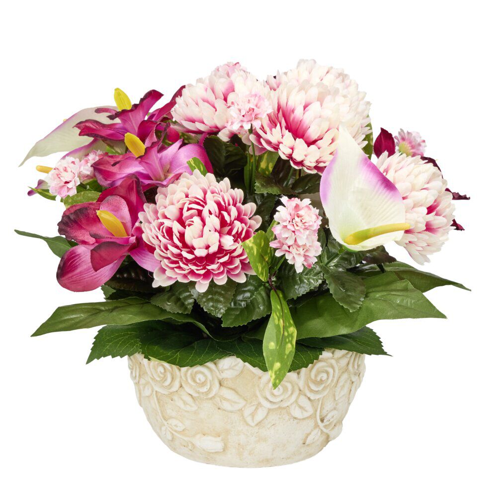 Vasque ciment chrysanthèmes arums orchidées mini fleurs Ø40xH30cm (3 modèles)