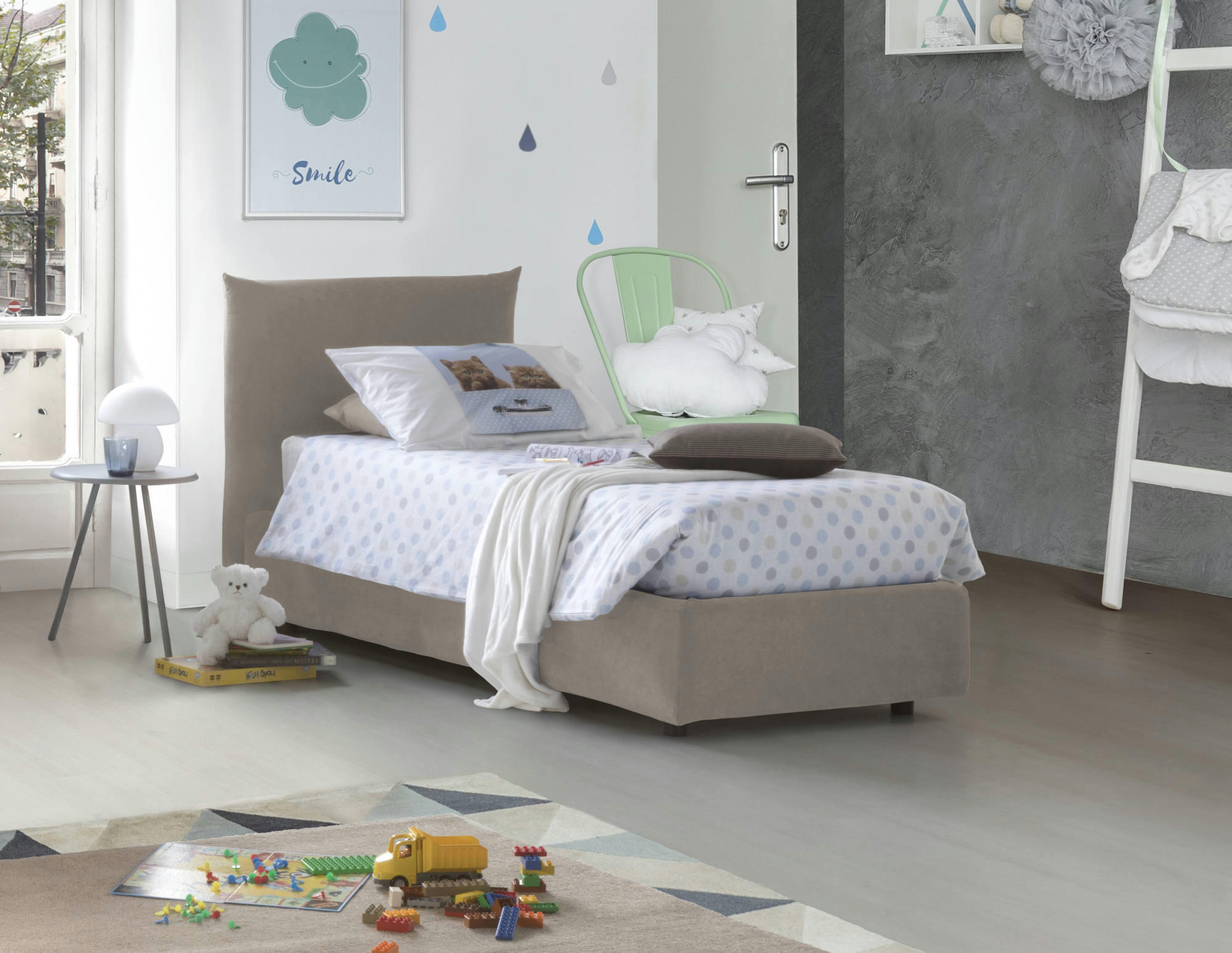 MARINA - Lit coffre 80x190 cm en tissu gris taupe