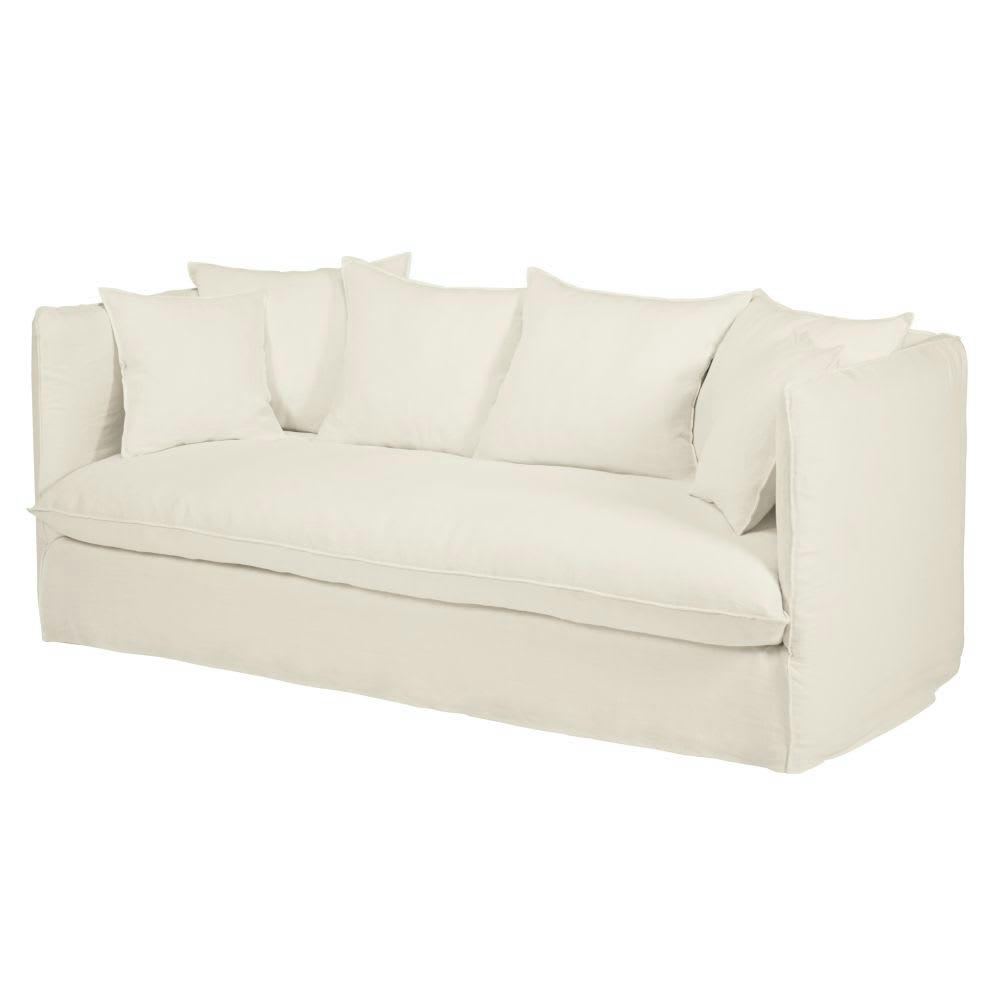 Louvain - Housse de canapé 3/4 places en lin froissé blanc