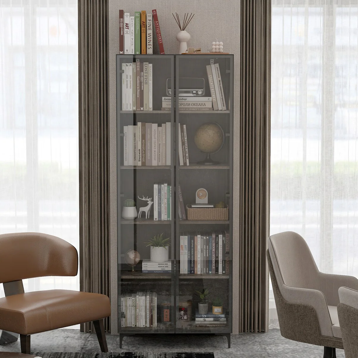 72.4H inch 5-Tier Bookshelf Bookcase with Glass Doors and LED Light