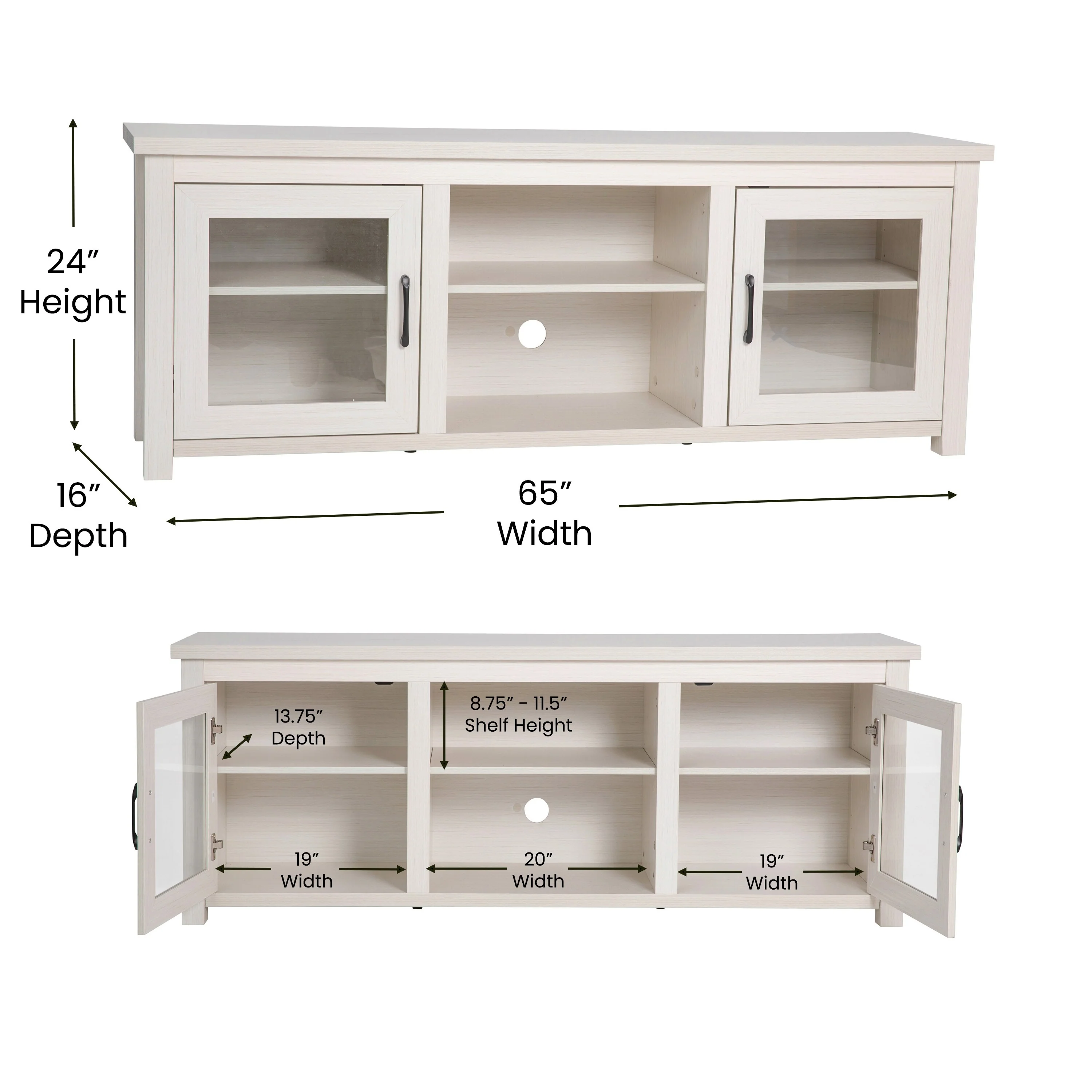 Classic TV Stand for up to 80 TVs-Glass Fronted Doors-Modern Finish - 65W x 16D x 23.625H