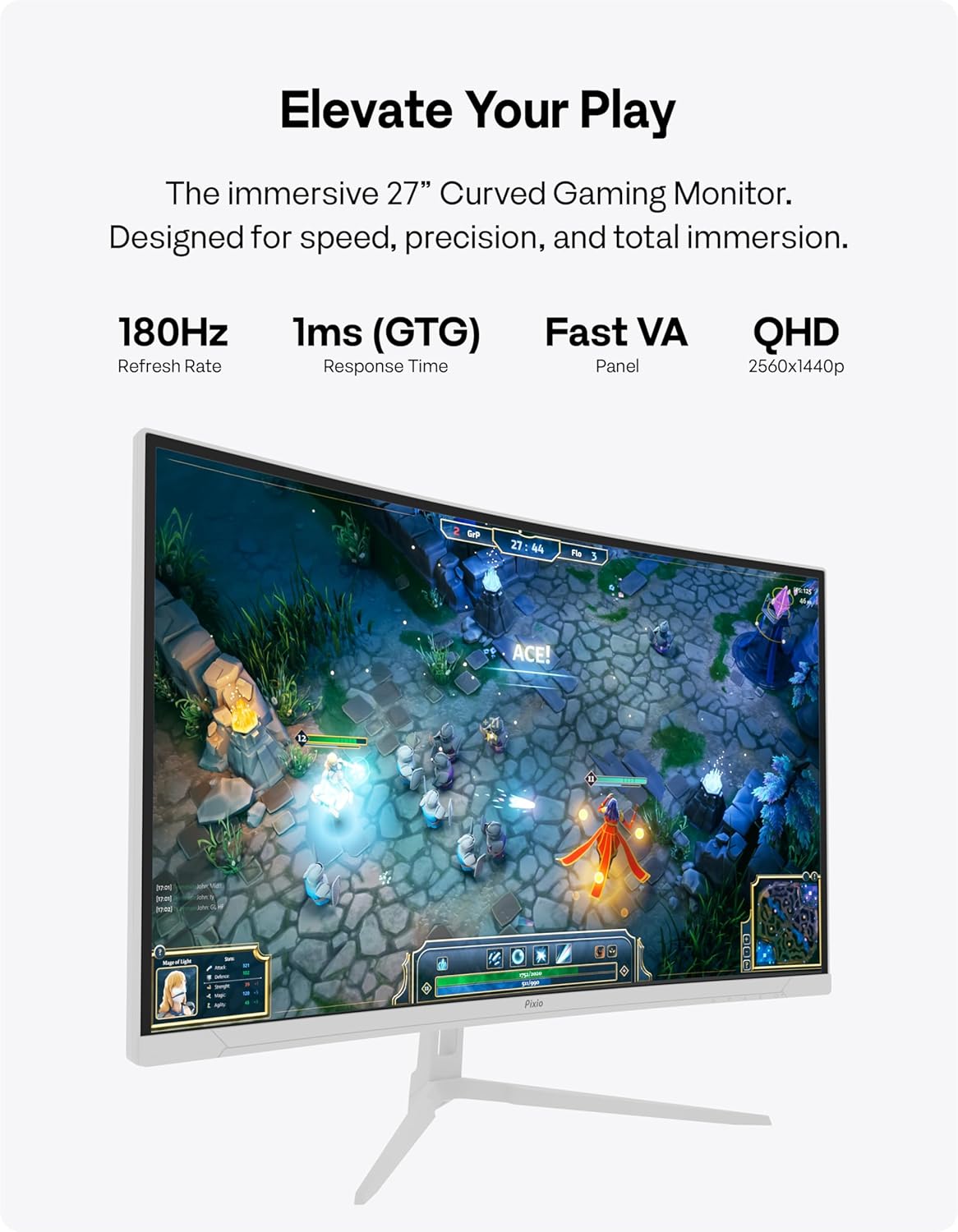 Pixio PXC278 Wave White 27 inch 180Hz Refresh Rate QHD 1440p Resolution 1650R Curved Fast VA Panel 1ms GTG Response Time Adaptive Sync HDR Curved Gaming Monitor