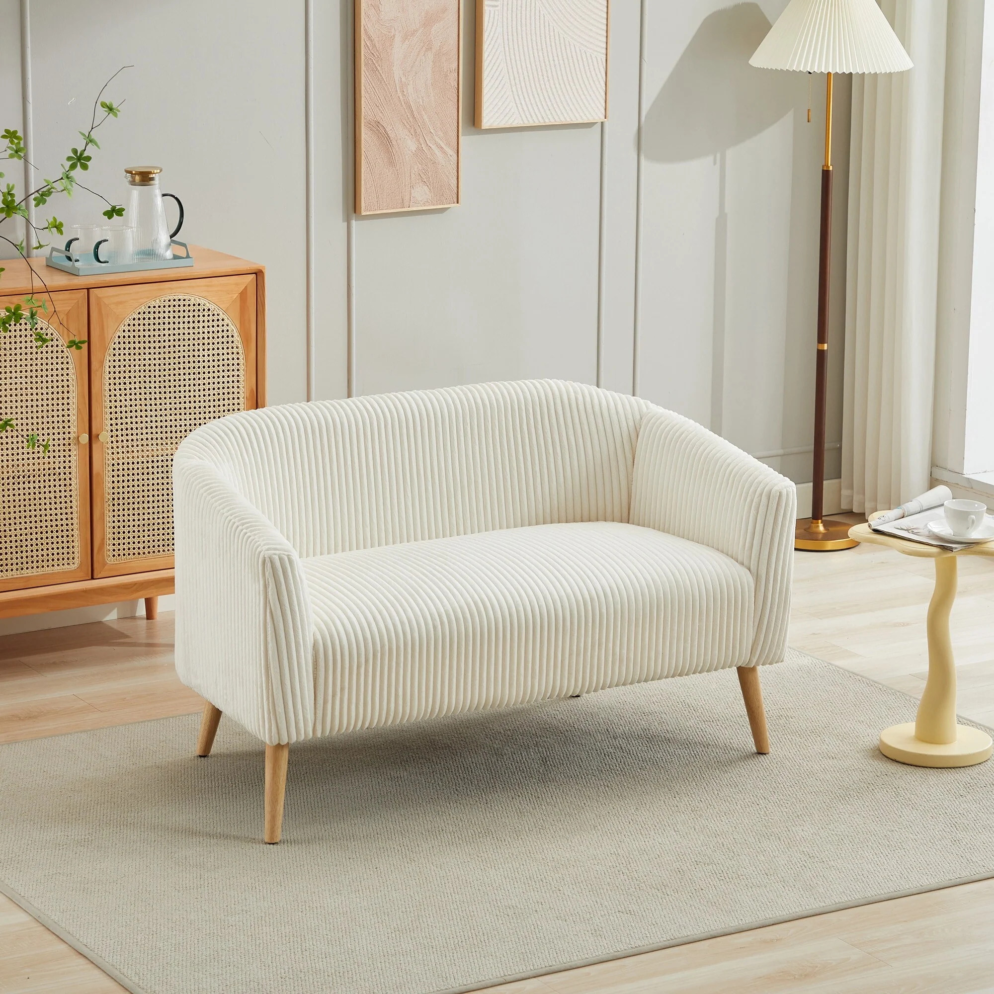 50.78 Modern Loveseat Couch Sofa, Corduroy Fabric Upholstered 2-Seat Sofa, Loveseat with Wooden Nature Legs