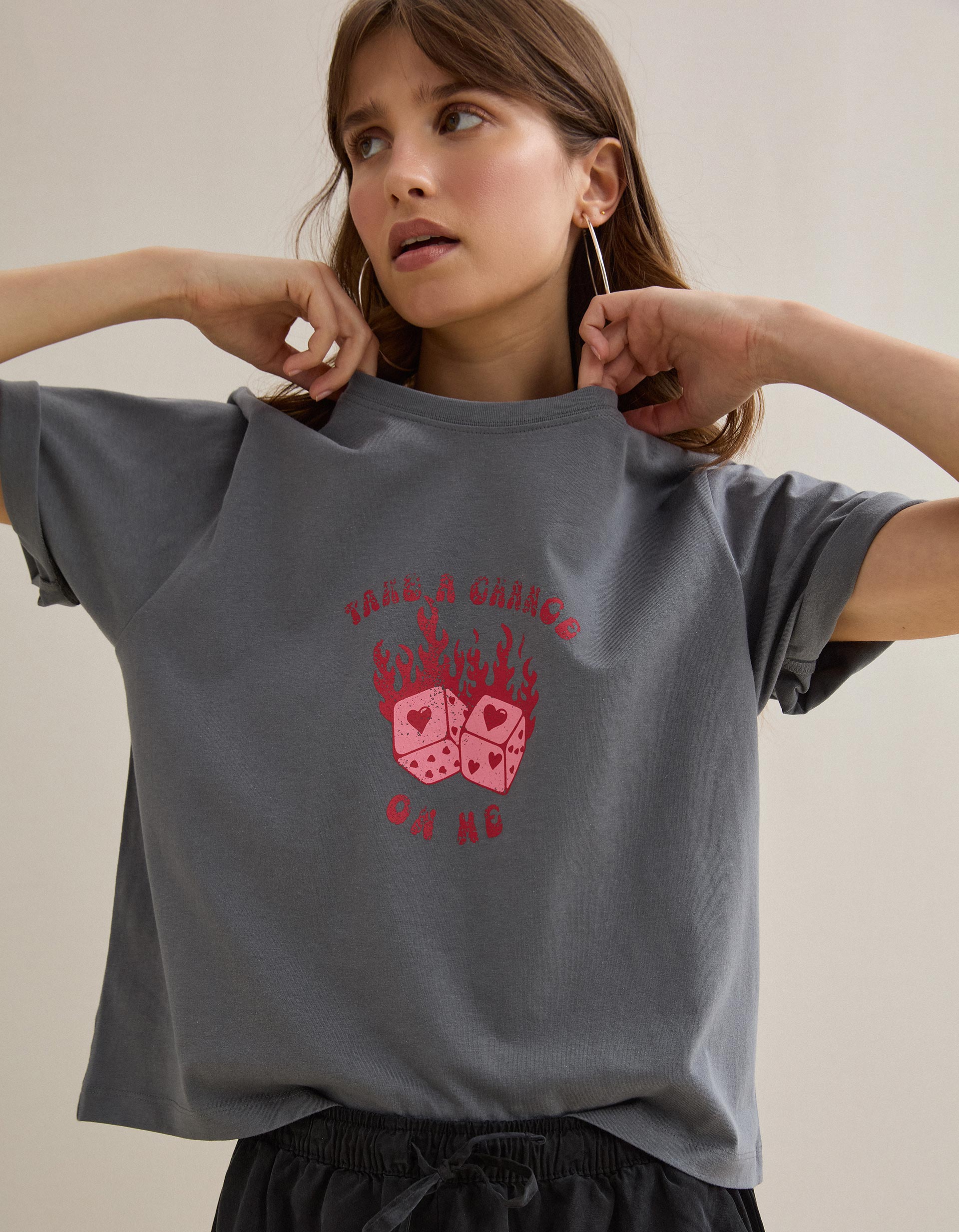 T-shirt Estampada, Mulher, Cinzento Escuro