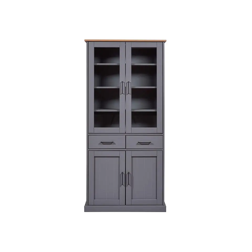 Hioshop Forenzo vitrinekast 4 deuren- 2 lades grijs- natuur