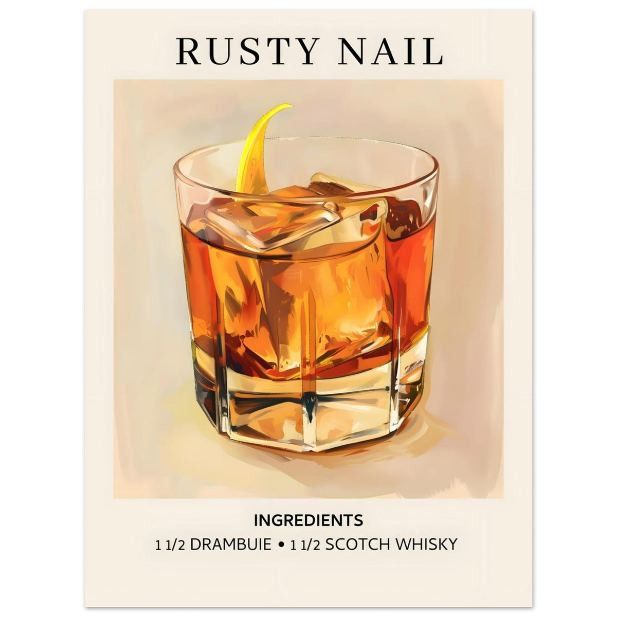 Artfulprints Poster Rusty Nail cocktail - Ingredients  - 30x40 cm - Bruin