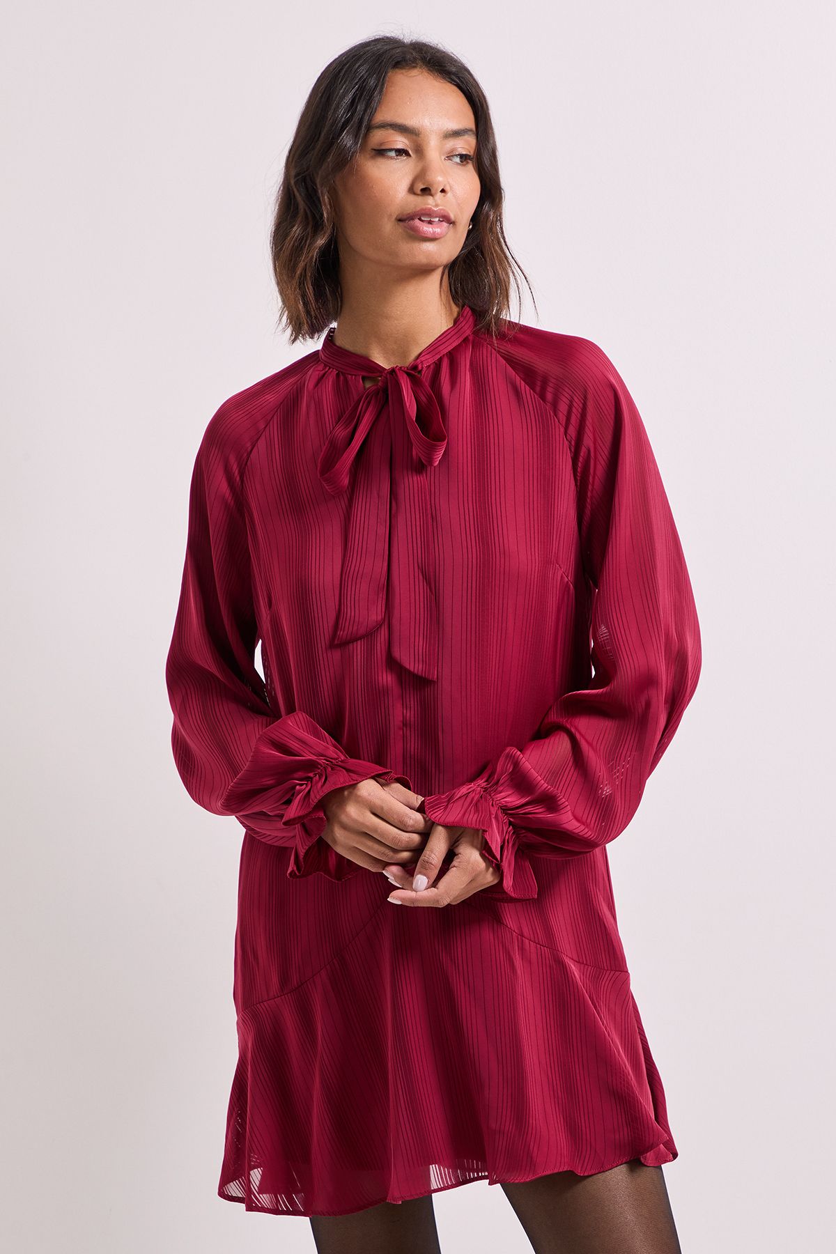 Dorothy Perkins Tie Neck Satin Burnout Tiered Smock Dress