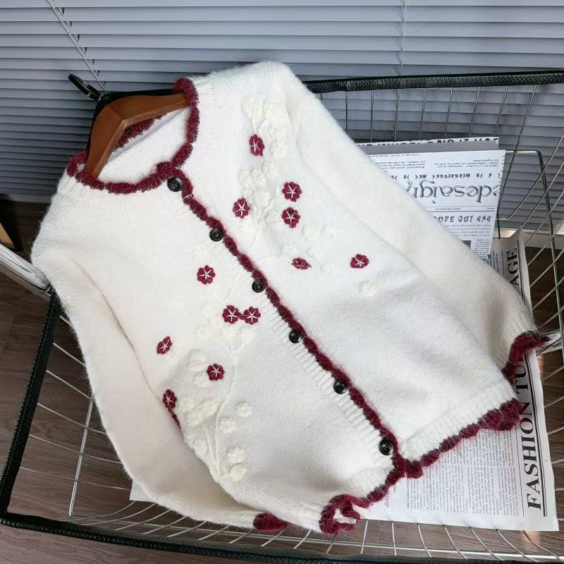 PEACH ACCESSORIES Cream & Burgundy Flowers Embroideries Cardigan