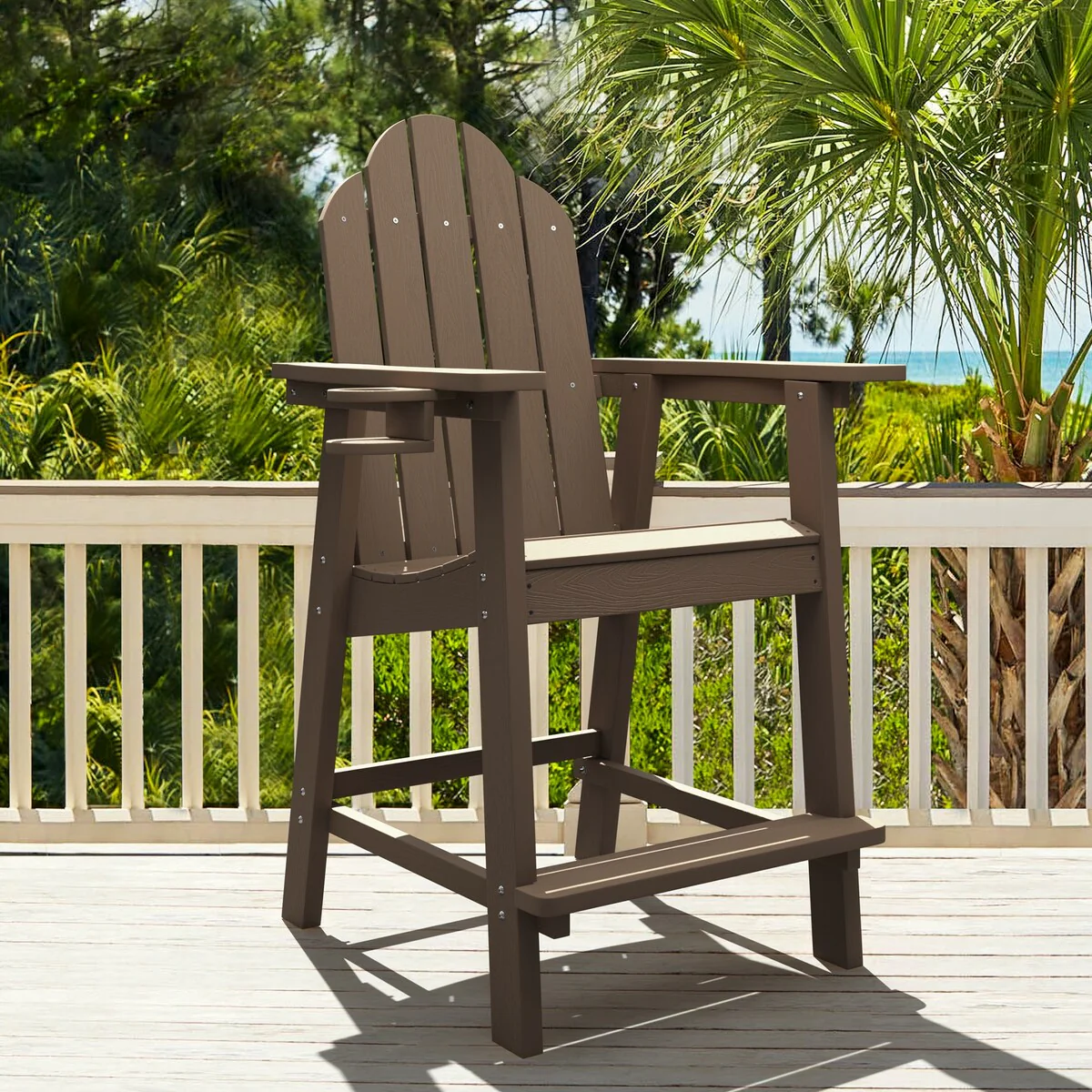 LUE BONA All Weather HDPS Plastic Outdoor High Adirondack Chairs Bar Height Arm Chairs with Cup Holder