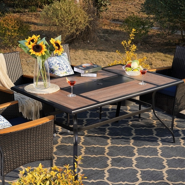 Patio Dining Table with Umbrella Hole and Wood-Look Table Top