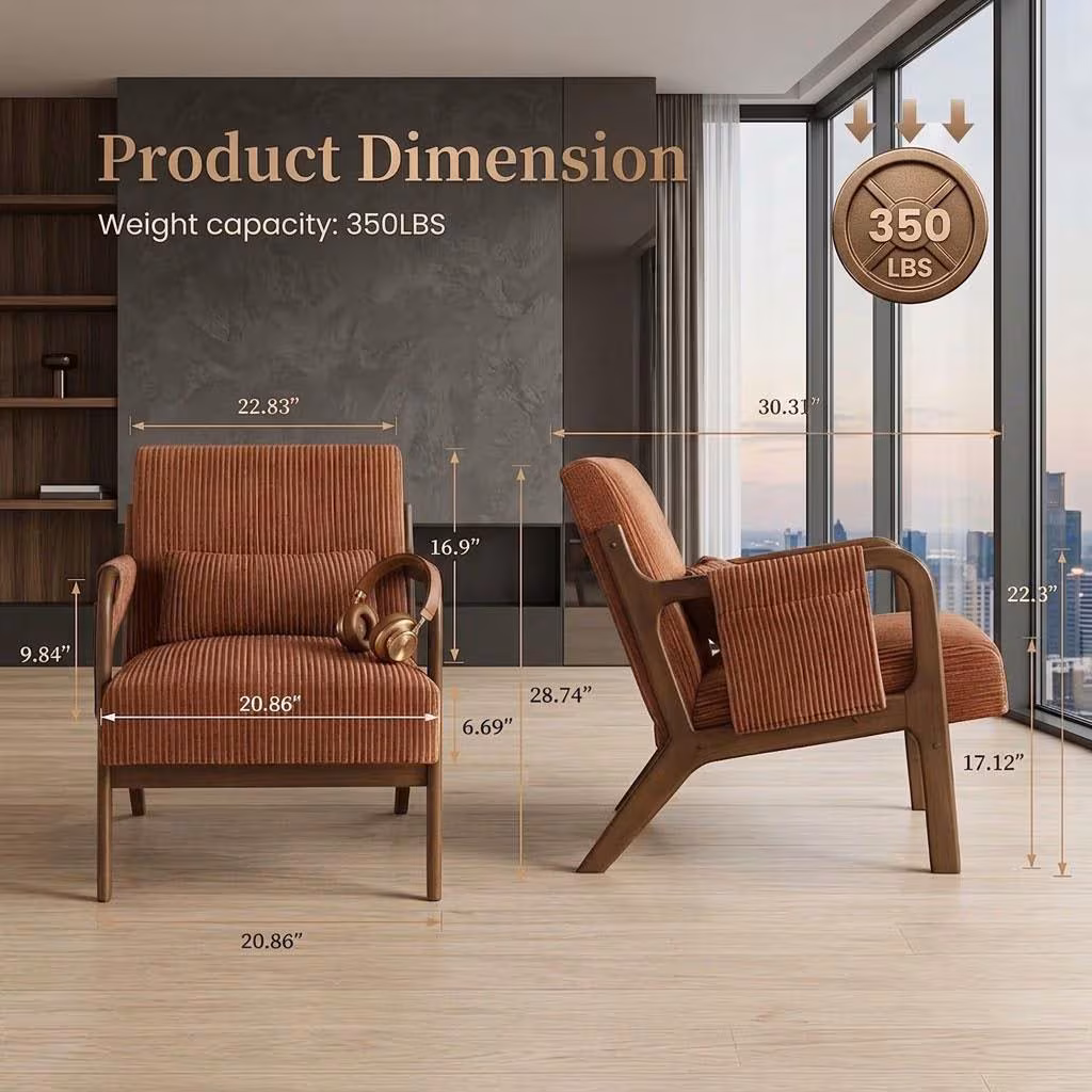 Mid Century Modern Accent Chair with Lumbar Pillow, Solid Wood Armchair for Living Room, Comfy Reading Chair, Minimalist Bedroom Furniture
