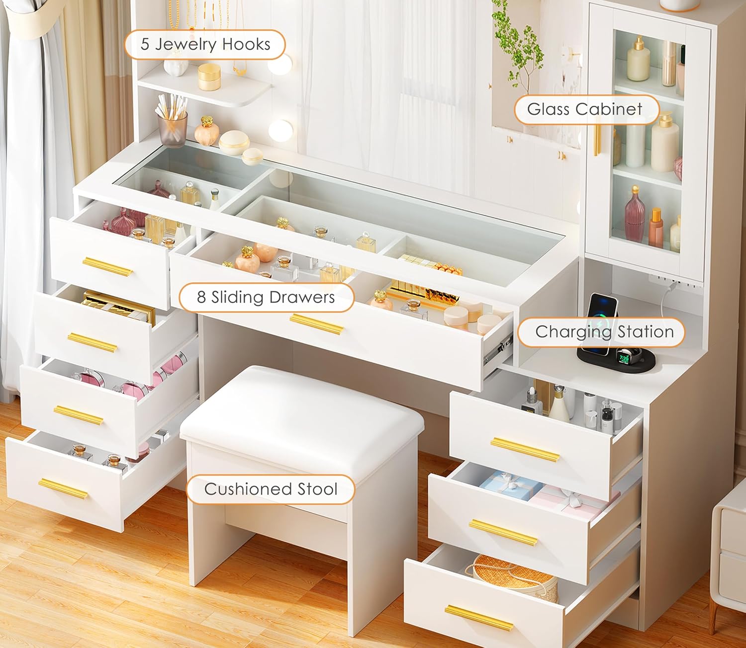 ANWBROAD 49.2 Large Vanity Desk with Mirror and Lights White Makeup Vanity Desk with Glass Top and Power Outlet 8 Drawers Nightstand 5 Hooks Vanity Table with Stool for Bedroom Women Girls UBDT88W