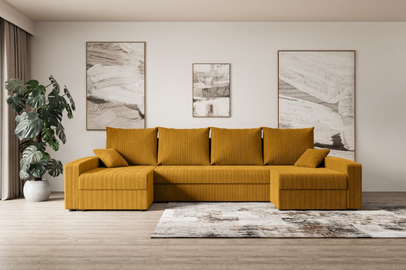 Narożnik z funkcją spania i pojemnikiem ALESIA-U 301x140x90 cm Żółty
