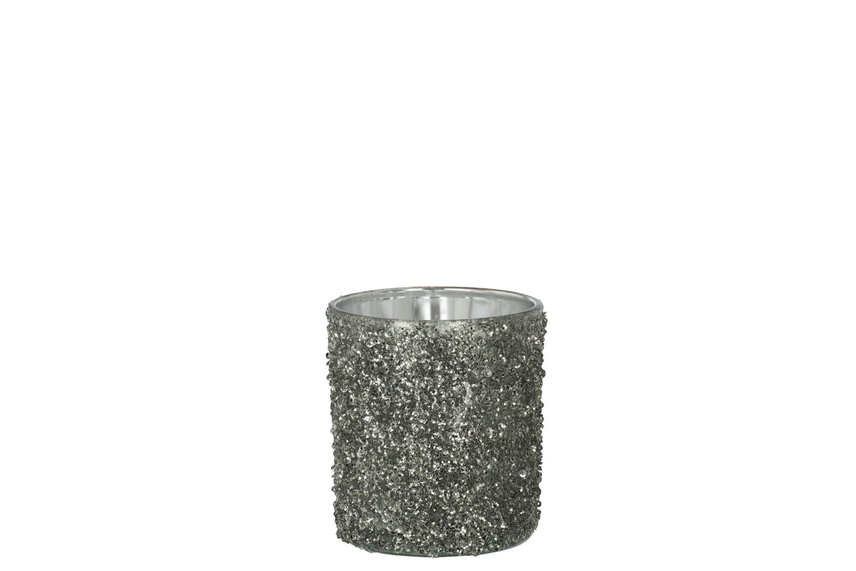J-Line windlicht Glitter - glas - grijs - medium - 2 stuks