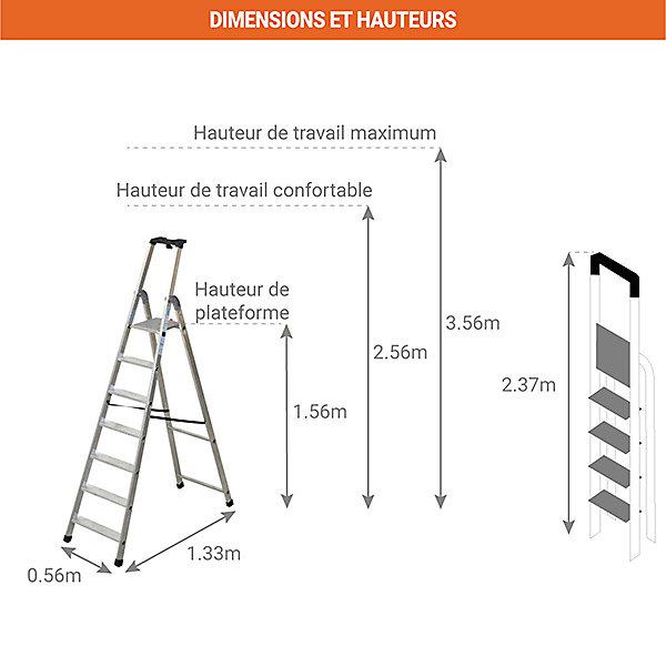 Escabeau 7 marches - Hauteur max. de travail 3.59m - Q50/7