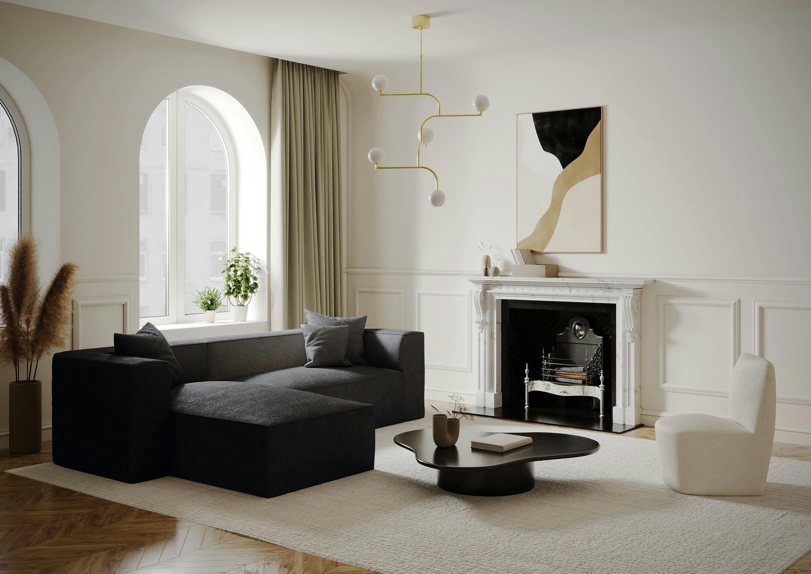 ALMA - Canapé d'angle gauche tissu bouclette noir