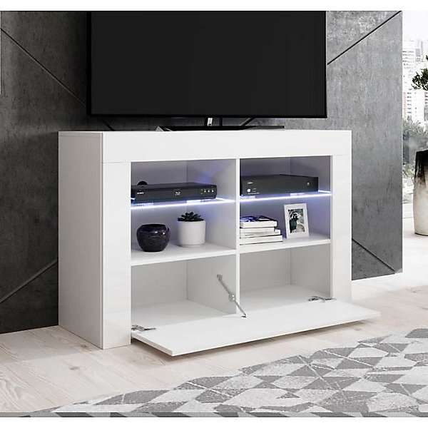 Meuble TV contemporain - Mélaminé blanc brillant - LED bleue - 1 porte, 6 compartiments - 100 x 65 x 35 cm