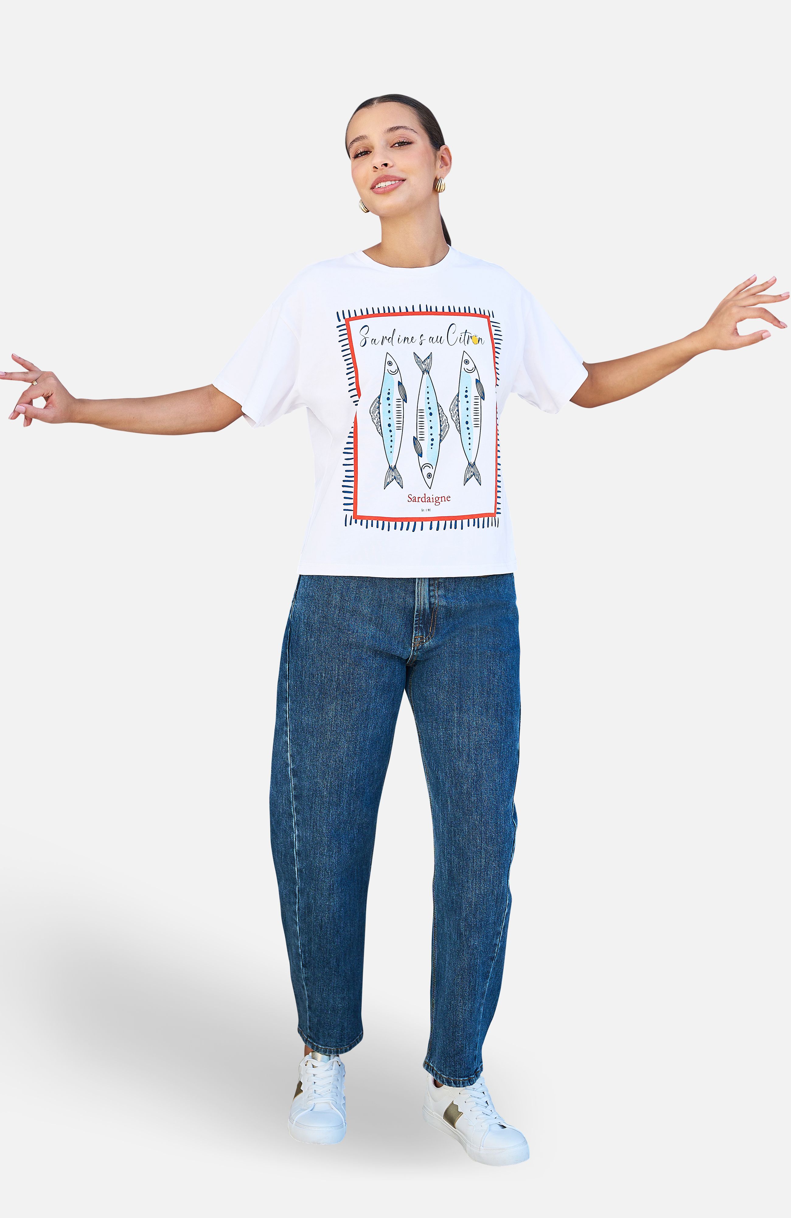 Yumi White Cotton Summer Motif T-Shirt