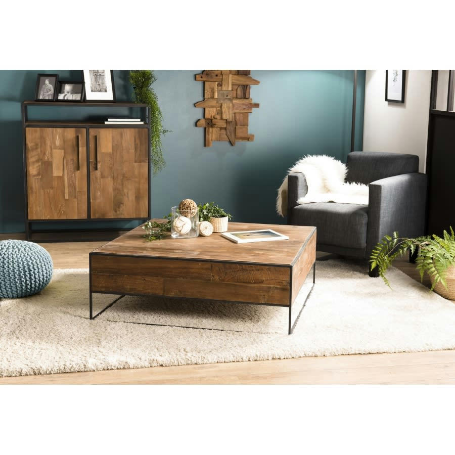 ALIDA - Table basse carrée en teck recyclé et métal L100
